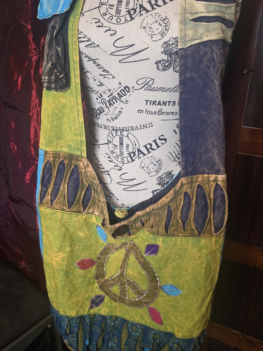 Boho Patchwork Green Peace Sign Cross Body Bag